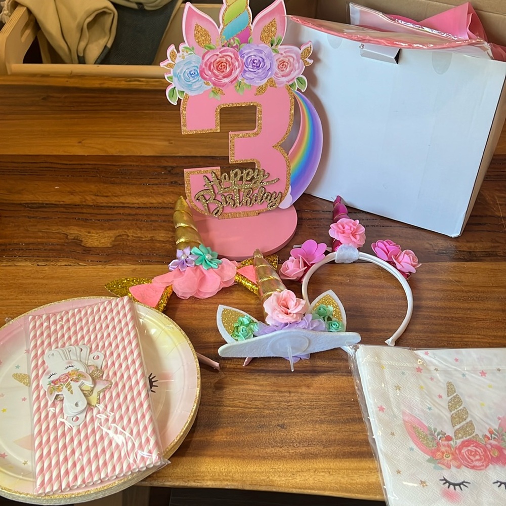 Unicorn Birthday Party Supplies, as shown + box of assorted supplies